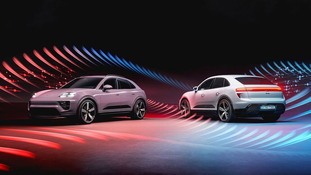 Обои для рабочего стола Porsche Macan на красно синем фоне