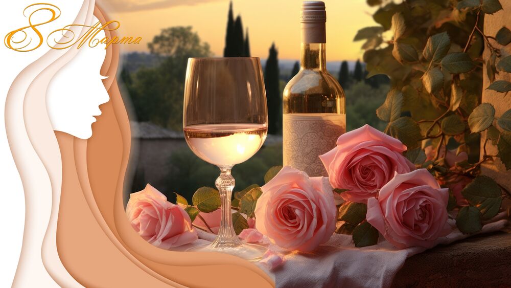 Обои для рабочего стола Бутылка и бокал белого вина стоящие на столе вместе с розами