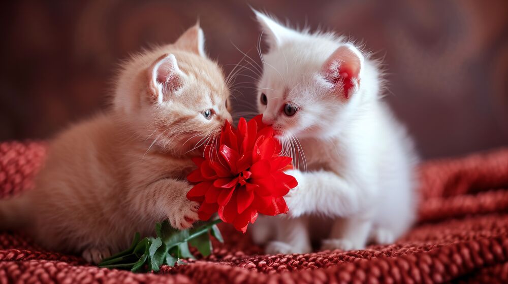 Обои для рабочего стола Два белых котенка на красной ткани нюхают цветок георгина