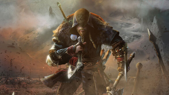 Обои на рабочий стол Викинг с двумя топорами из игры Assassins Creed Valhalla