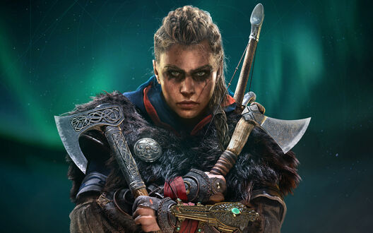 Обои на рабочий стол Female Eivor с двумя топорами на фоне серверного сияния из игры Assassins Creed Valhalla