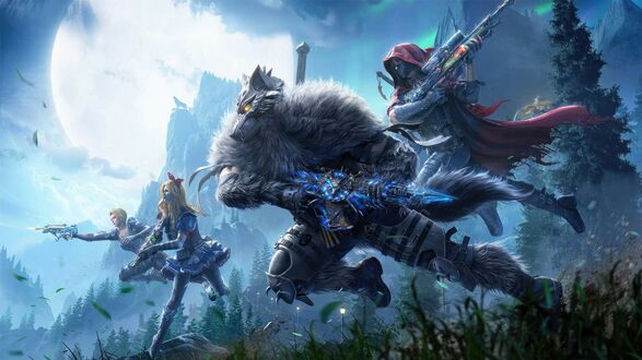 Обои на рабочий стол Персонажи игры Horizon Zero Dawn в прыжке с оружием на фоне луны