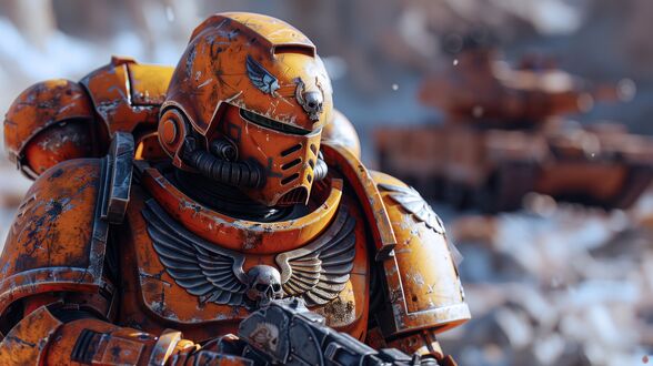 Обои на рабочий стол Солдат из вселенной Warhammer 40000 в полной броне идет в атаку с оружием в руках