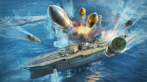 Обои на рабочий стол Летящие снаряды не фоне кораблей из игры World of Warships