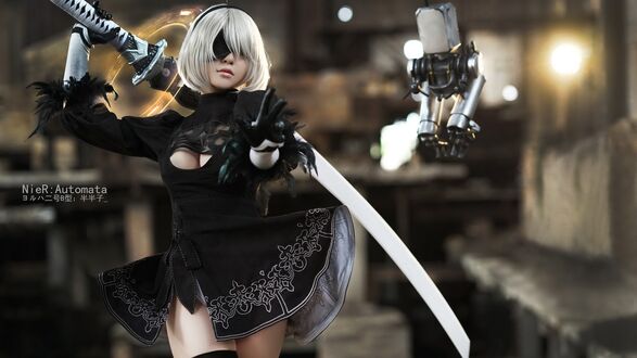 Обои на рабочий стол YoRHa No. 2 Type B с мечем через плече и роботом из игры NieR Automata