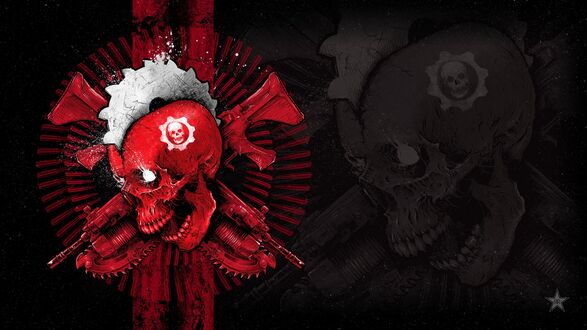 Обои на рабочий стол Красный череп с автоматами на темном фоне из игры Gears of war 4 godmachine