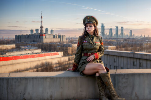 Обои на рабочий стол Девушка в военной форме на крыше на фоне индустриального осеннего пейзажа