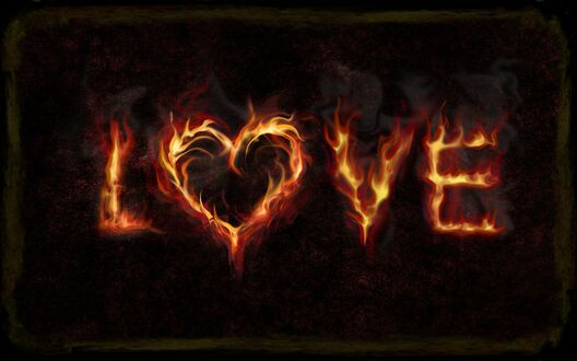 Обои на рабочий стол Love и рисунок сердца - написанное огнем на темном фоне