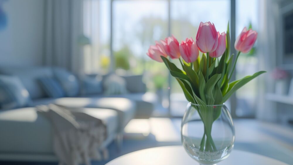 Обои для рабочего стола Букет тюльпанов на столе в гостиной