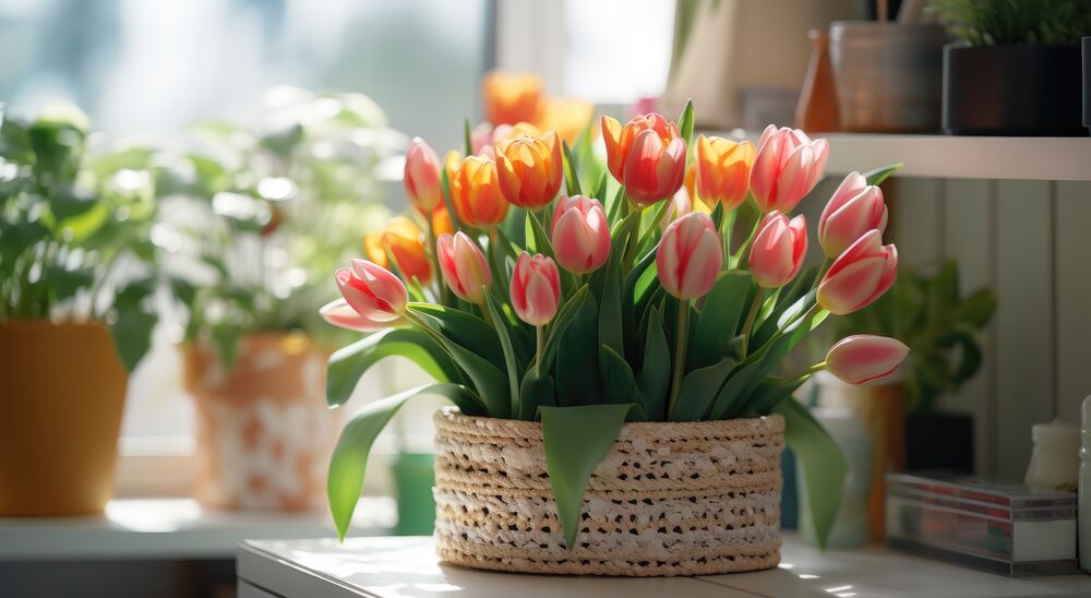 Обои для рабочего стола Букет разноцветных тюльпанов в корзинке на столе в комнате