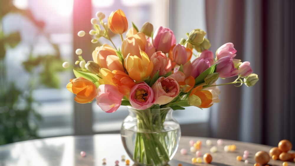 Обои для рабочего стола Букет разноцветных тюльпанов в стеклянной вазе на столе в комнате