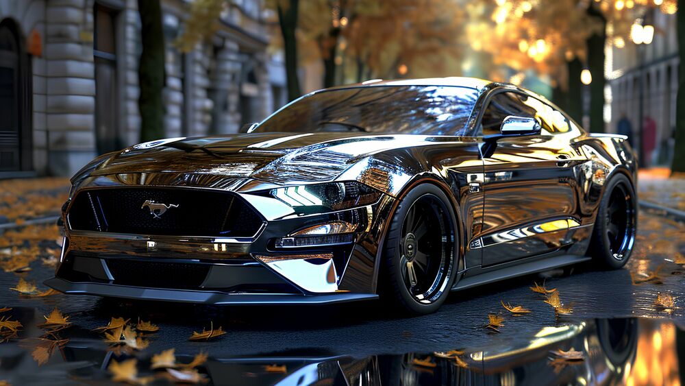 Обои для рабочего стола Зеркальный Ford Mustang на осенней улице