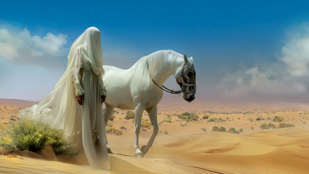 Обои для рабочего стола Восточная девушка с платком закрывающим лицо идет с конем по пустыне
