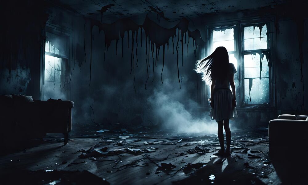 Обои для рабочего стола Девушка в белом платье стоит в темной и страшной комнате