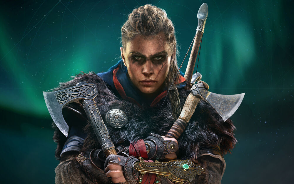 Обои для рабочего стола Female Eivor с двумя топорами на фоне серверного сияния из игры Assassins Creed Valhalla