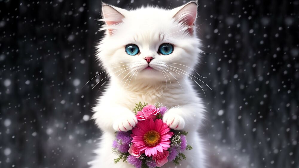 Обои для рабочего стола Белый котенок с цветами стоит под снегом