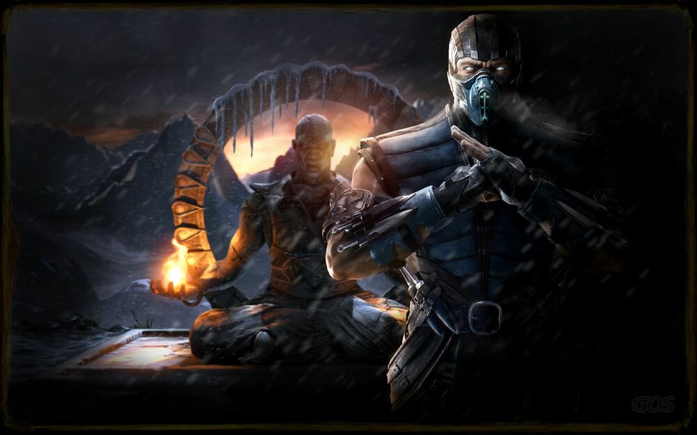 Обои для рабочего стола Sub-Zero сложил руки в приветственном жесте на фоне гор в снегопад на закате из игры Mortal Kombat X