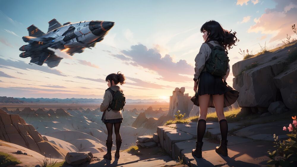 Обои для рабочего стола Две молодые девушки с рюкзачками за спиной стоят на горной тропе и смотрят на пролетающий мимо космический корабль