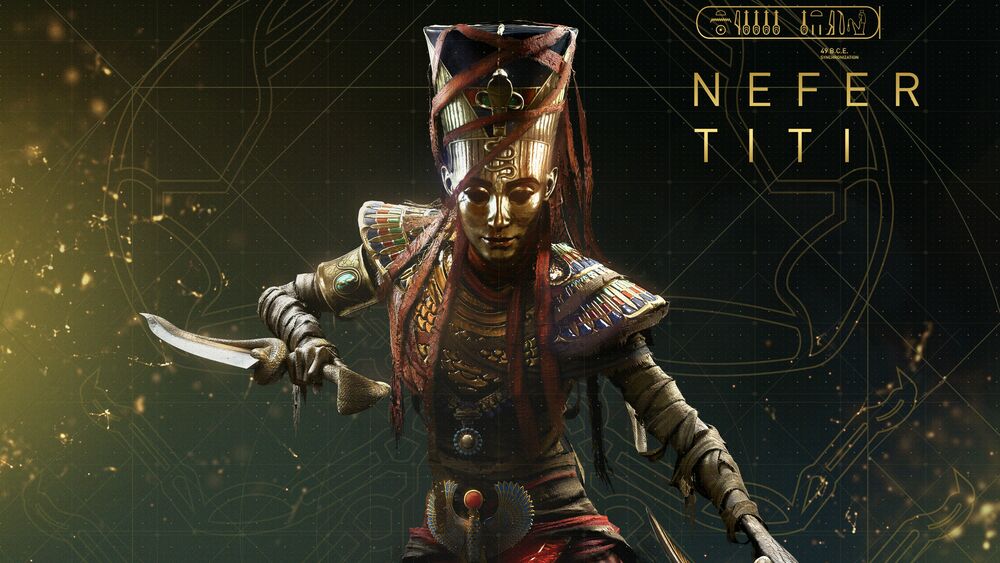 Обои для рабочего стола Нефертити / Nefertiti с ножом на фоне абстракции, на темном фоне из игры Assassin’s Creed Origins