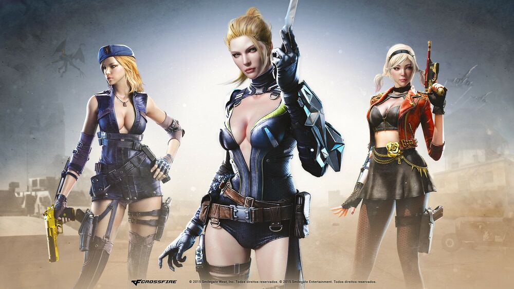 Обои для рабочего стола Три девушки с оружием из игры Cross fire the fates