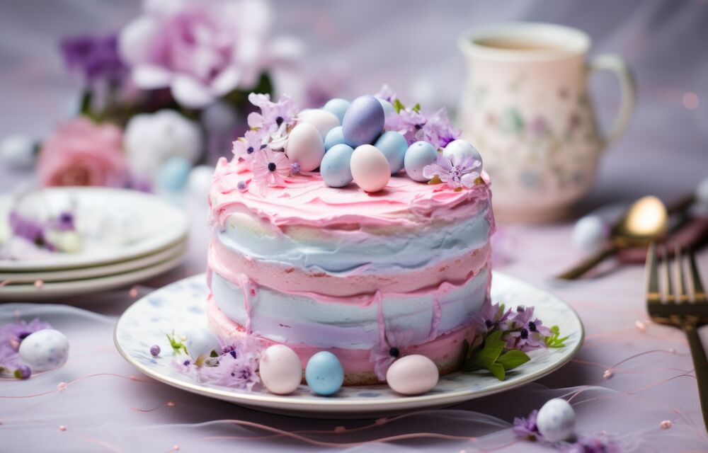 Обои для рабочего стола Бисквитный торт с кремом украшенный цветами и цветными яичками на сервированном столе