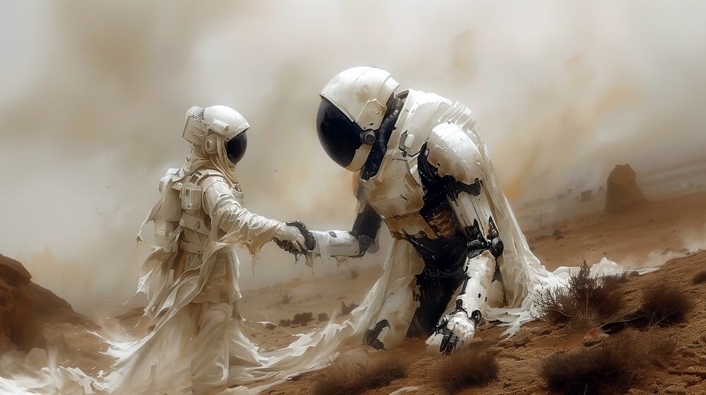 Обои для рабочего стола Девушка и мужчина астронавты пожимают друг другу руки посреди пустыни