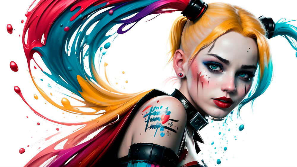 Обои для рабочего стола Harley Quinn / Харли Квинн на белом фоне с разноцветными волосами