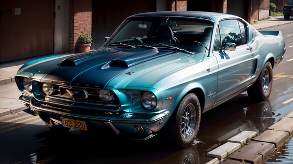 Обои на рабочий стол Ford Mustang 1968, бирюзовый на дороге