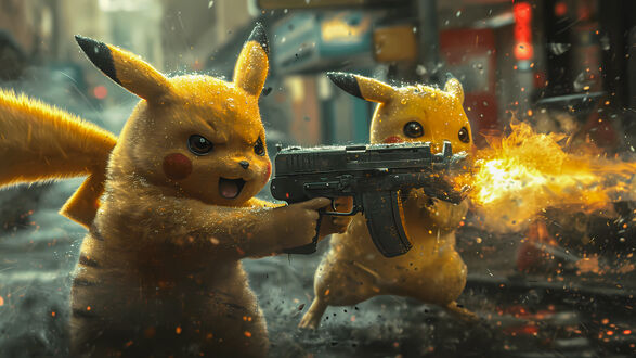 Обои на рабочий стол Два Пикачу / Pikachu из фильма Покемон с оружием ведут бой