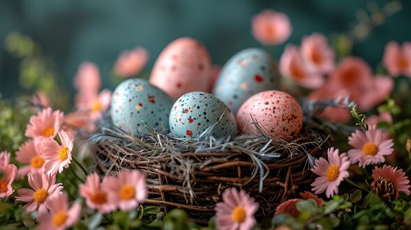 Конкурсная работа Пасхальные яйца в корзине, окруженной розовыми цветами