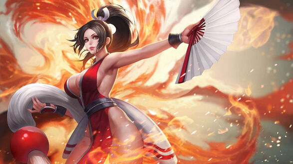 Обои на рабочий стол Май Сирануй / Mai Shiranui танцует с веером на воне огня из игры King Of Glory