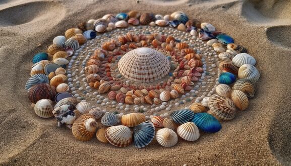 Обои на рабочий стол Разноцветные ракушки на песке выложены в форме кругов