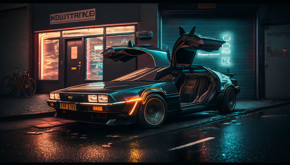 Обои для рабочего стола DeLorean DMC-12 с открытыми дверьми на улице ночного города