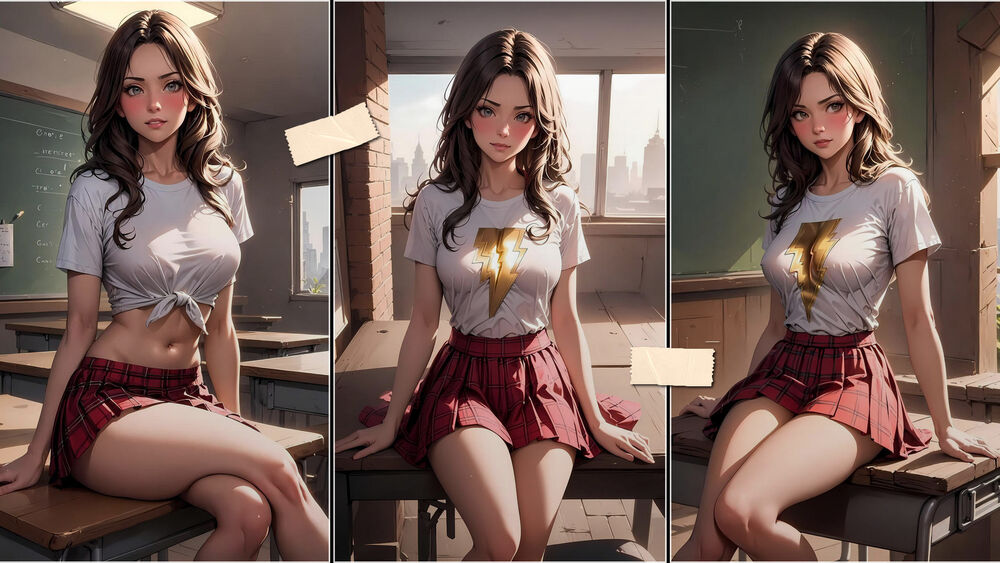 Обои для рабочего стола Три рисунка девушки сидящей на школьной парте в красной юбке и белой футболке