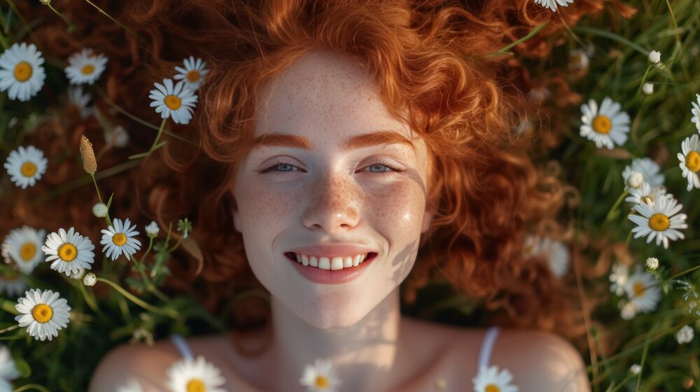 Обои для рабочего стола Рыжеволосая девушка с веснушками лежит на траве среди ромашек и улыбается