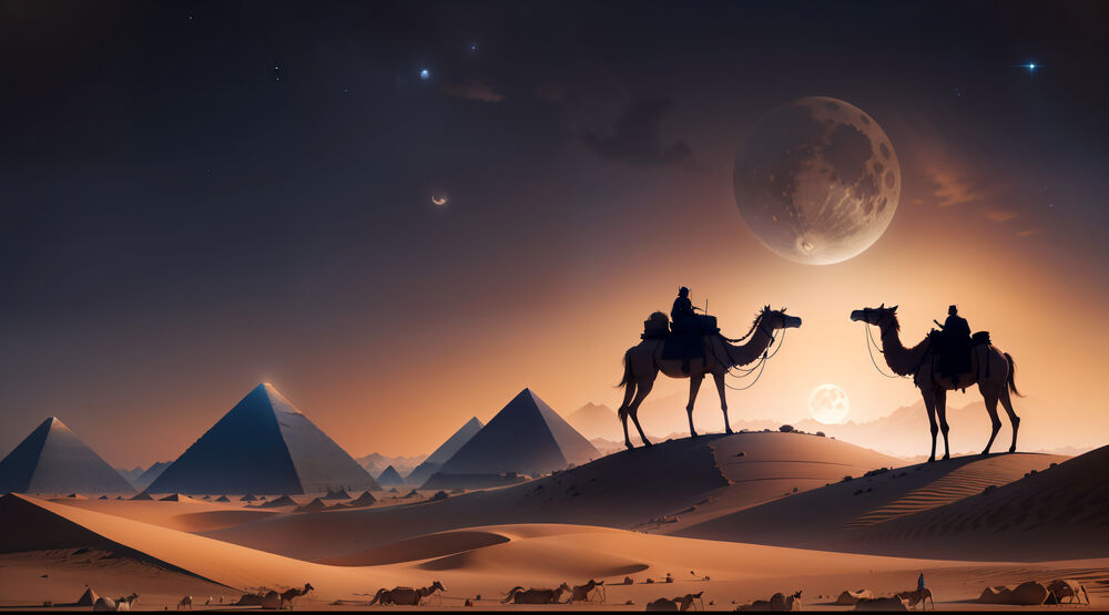 Обои для рабочего стола Два всадника на верблюдах стоят на барханах на фоне далеких пирамид