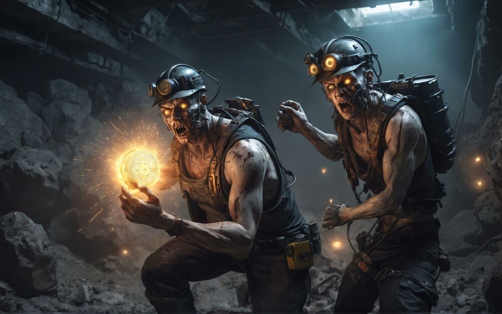 Обои для рабочего стола Зомби шахтеры в шахте с огненным биткоином в руках