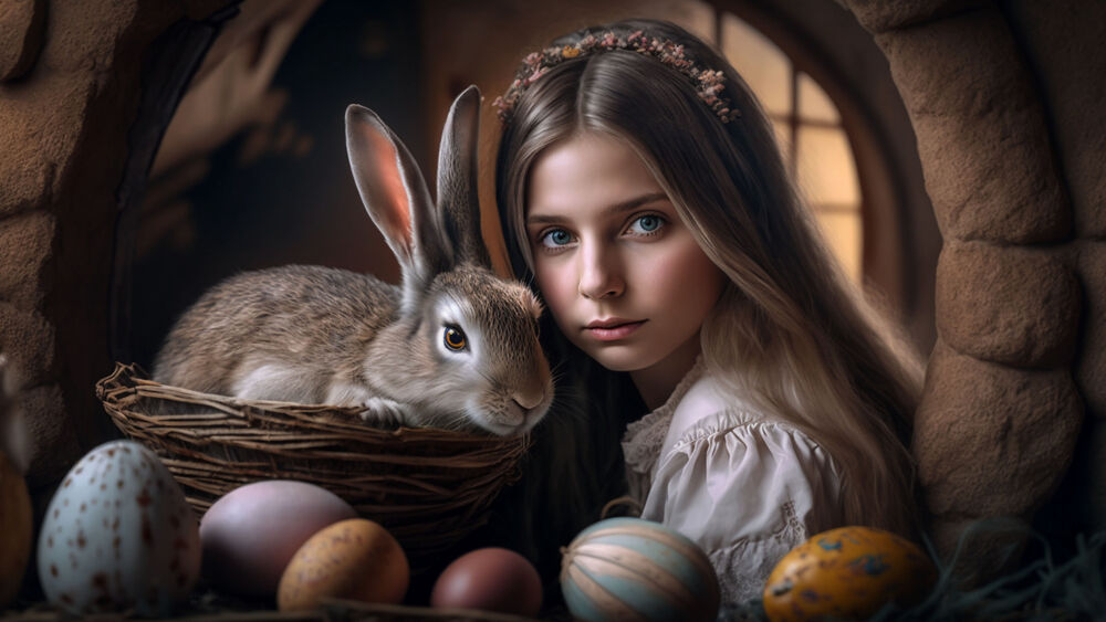 Обои для рабочего стола Девочка с кроликом сидящим в корзинке на фоне пасхальных яиц