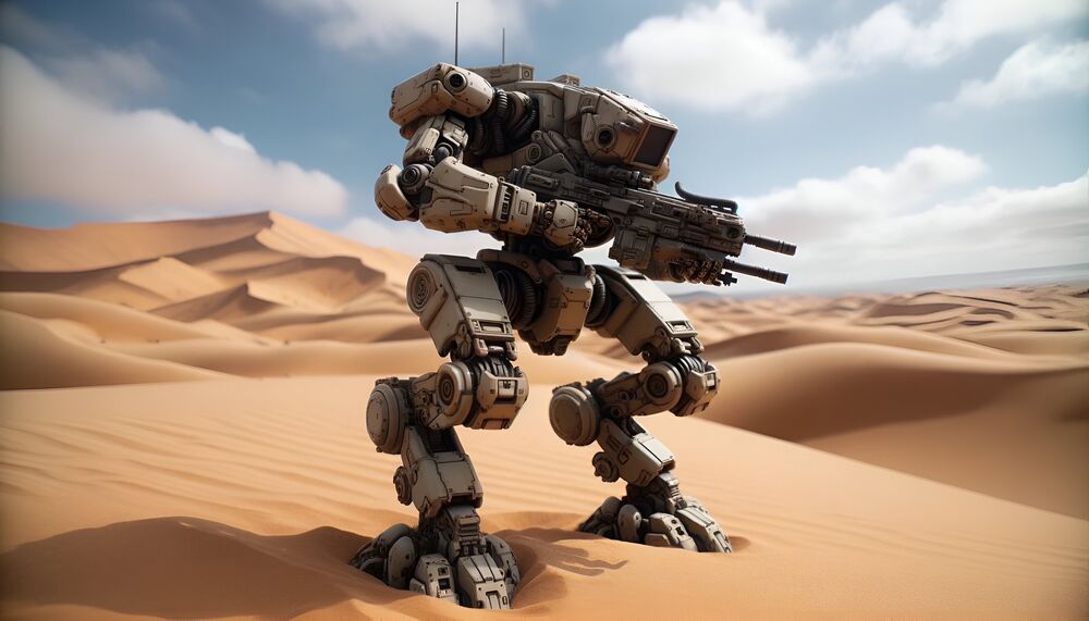 Обои для рабочего стола Боевой робот стоит в пустыне с оружием в руках