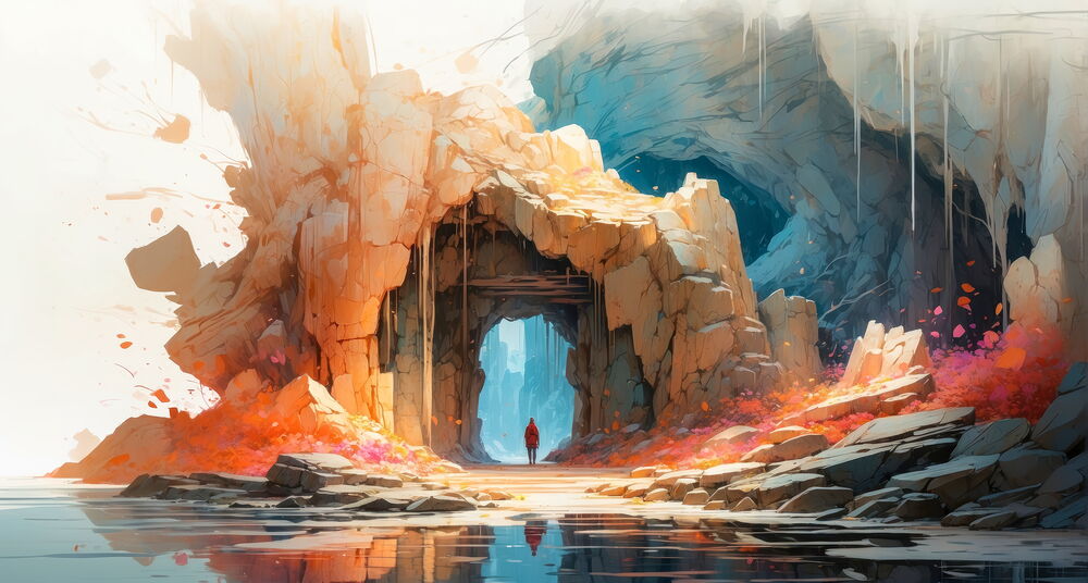 Обои для рабочего стола Одинокая девушка входит в нарисованную краской пещеру