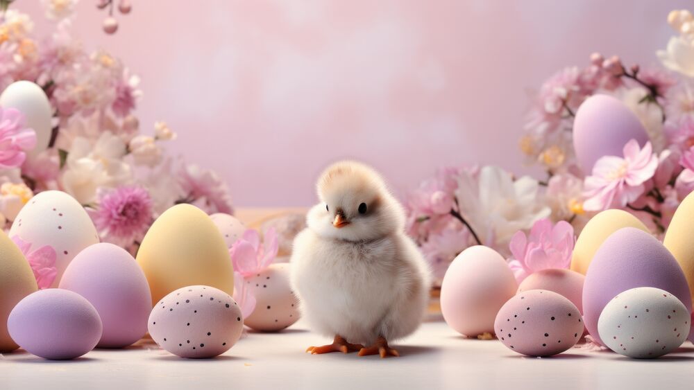 Обои для рабочего стола Цыпленок на розовом фоне с пасхальными яйцами и цветочками