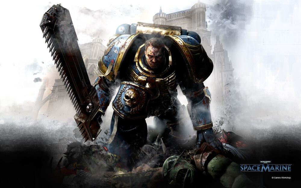 Обои для рабочего стола Персонаж игры Warhammer 40000, Spacemarine над убитым орком в тумане