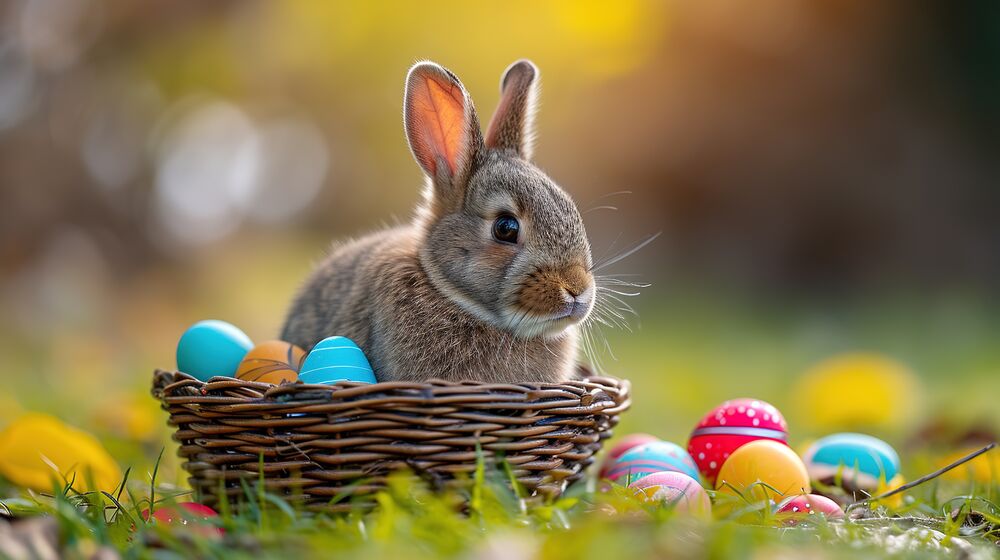 Обои для рабочего стола Кролик сидит в корзине с крашеными яйцами