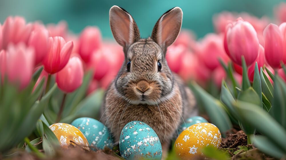 Обои для рабочего стола Кролик сидит в окружении пасхальных яиц на фоне розовых тюльпанов