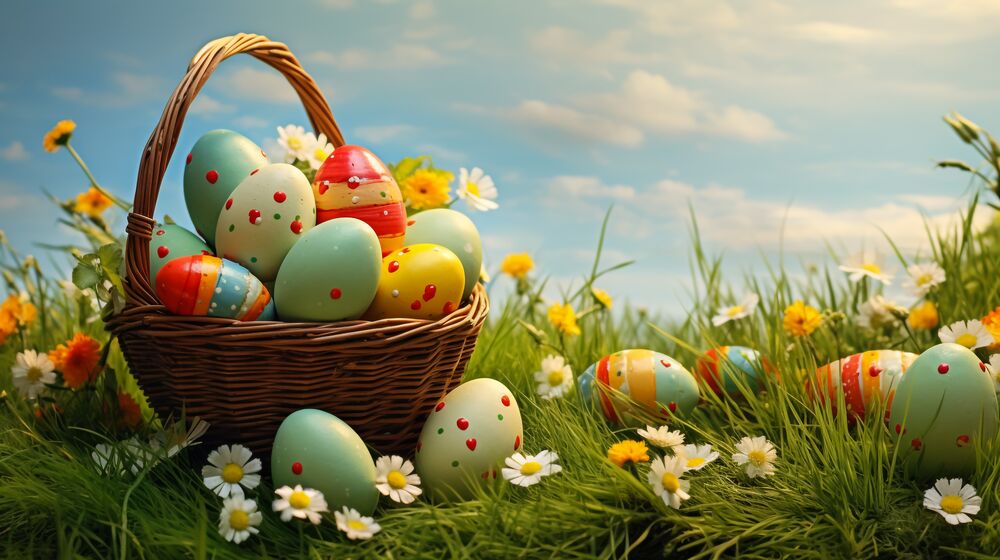 Обои для рабочего стола Корзинка с крашенными яйцами стоит на траве с цветочками и яйцами на фоне неба с облаками