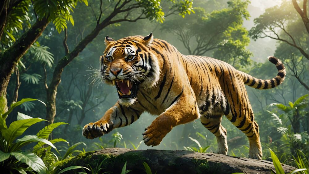 Обои для рабочего стола Тигр бежит по джунглям