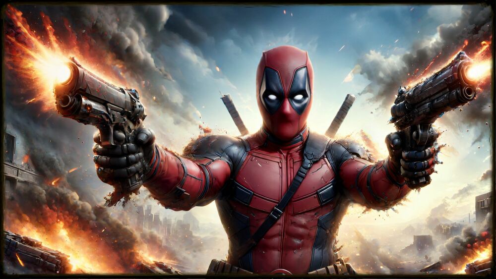 Обои для рабочего стола Дэдпул / Deadpool с двумя пистолетами на фоне неба, дыма и огня