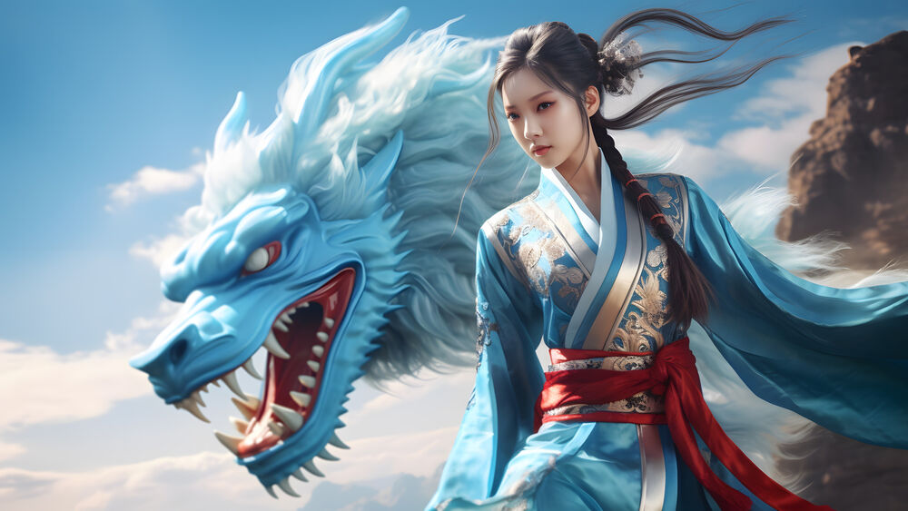 Обои для рабочего стола Восточная девушка в голубой одежде и голубой дракон