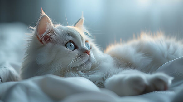 Обои на рабочий стол Белая кошка с голубыми глазами лежит на белой постели