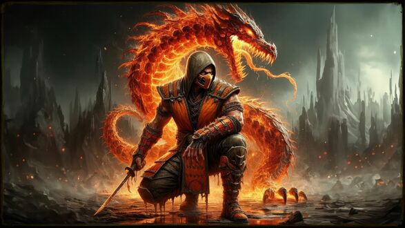 Обои на рабочий стол Скорпион / Scorpion, сидит на корточках с мечом на фоне огненного дракона — персонаж серии игр Mortal Kombat